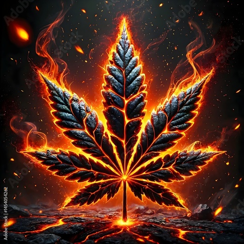 Flaming cannabis leaf in red and orange tones