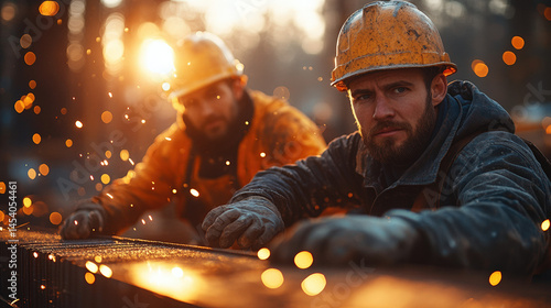 Two construction workers grinding metal, sparks fly, sunset