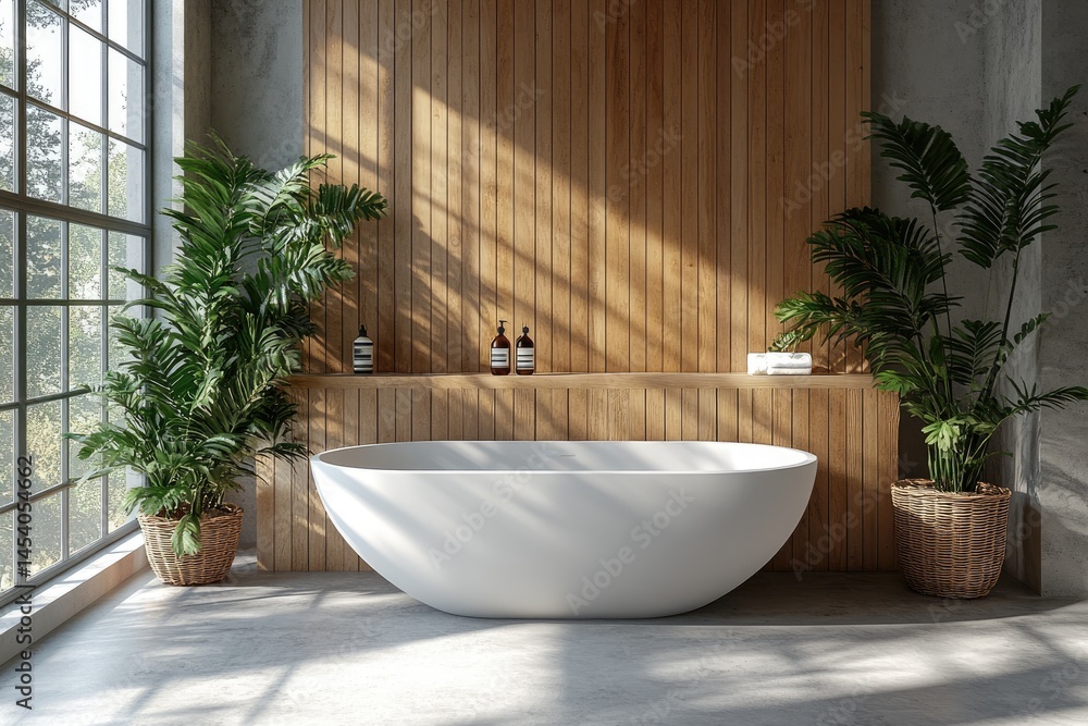 Fototapeta premium Modern bathroom interior design with sunlight and plants.