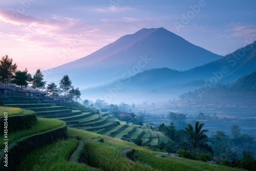 Lush Rice Terraces and Misty Mountains Scenery at Early Morning