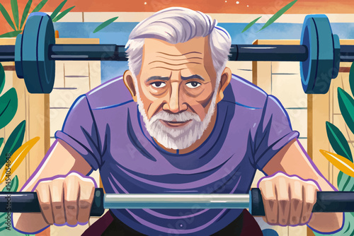 Active senior man working out in gym with fitness equipment, promoting strength, vitality, and healthy aging. Ideal for wellness at any age, senior fitness, and active lifestyle campaigns