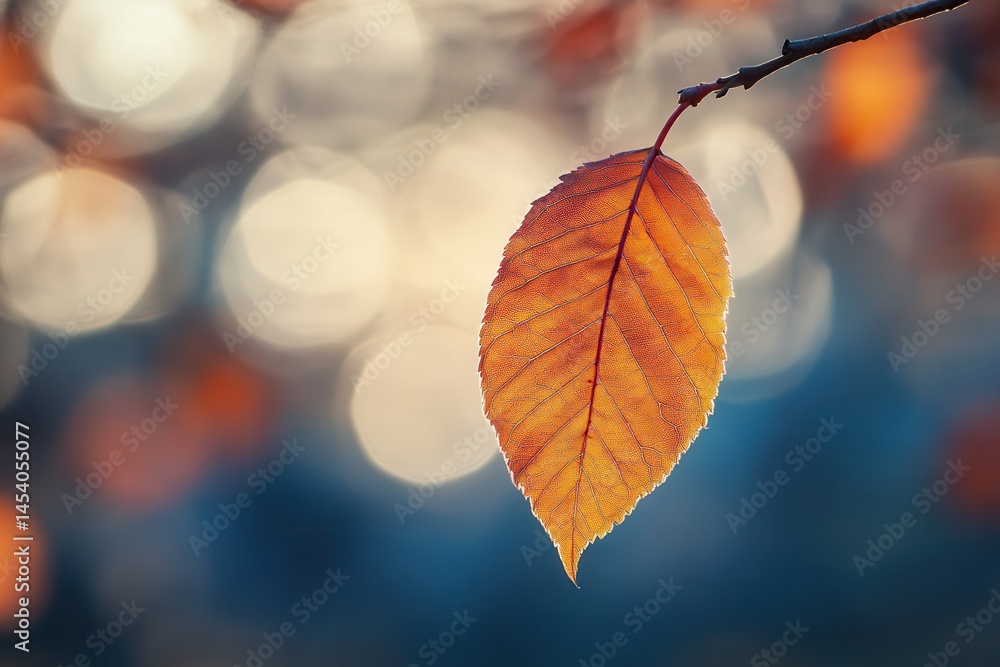 Vibrant orange leaf hanging delicately from a branch against a blurred autumn background Vibrant orange leaf hanging delicately from a branch against a blurred autumn background