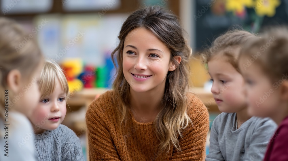 Obraz premium Teacher interacts with young children in circle