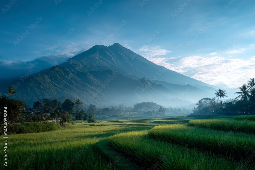 Fototapeta premium Green Rice Fields and Majestic Mountain View with Morning Mist