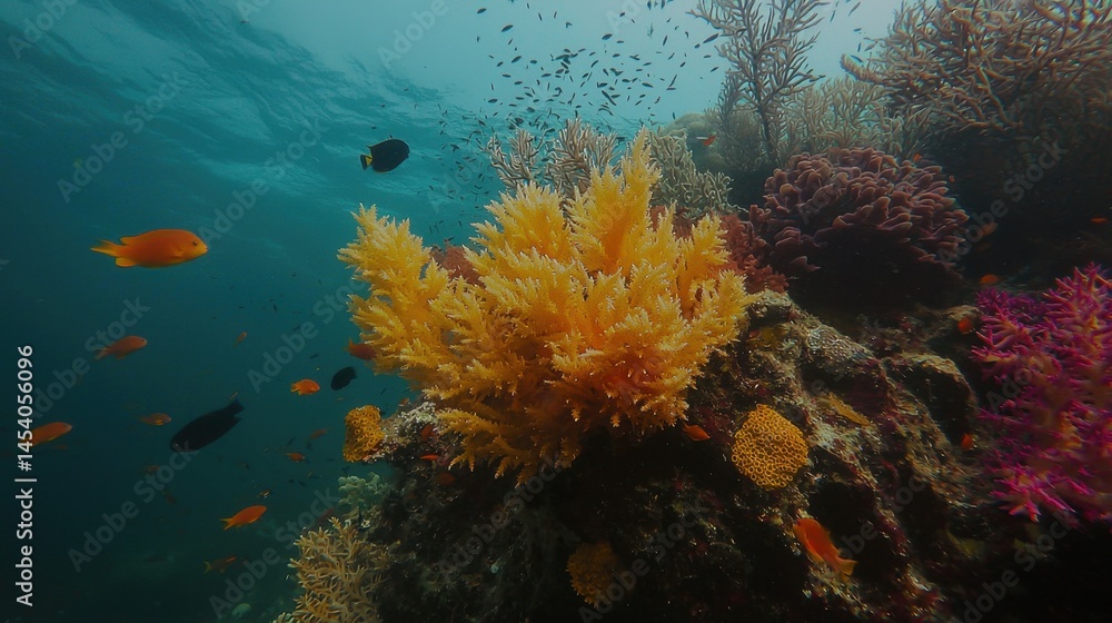 Naklejka premium Vibrant coral reef teeming with colorful fish in clear tropical waters during daylight
