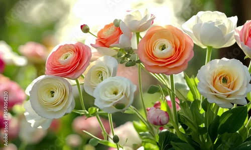 Blooming ranunculus flowers in sunlit garden capturing sunrise serenity and natural harmony