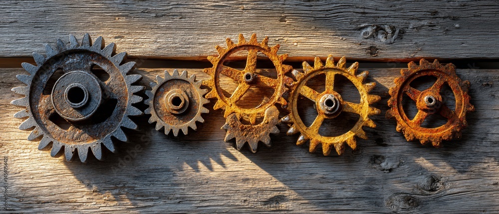 Fototapeta premium Vintage Gears on Rustic Wood