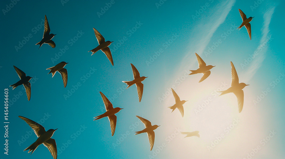 Graceful Swifts Soaring Across a Cloudless Blue Sky with Crisp Feather Details and Sharp Daytime Sunlight Creating Dynamic Contrasts Graceful Swifts Soaring Across a Cloudless Blue Sky with Crisp Feather Details and Sharp Daytime Sunlight Creating Dynamic Contrasts