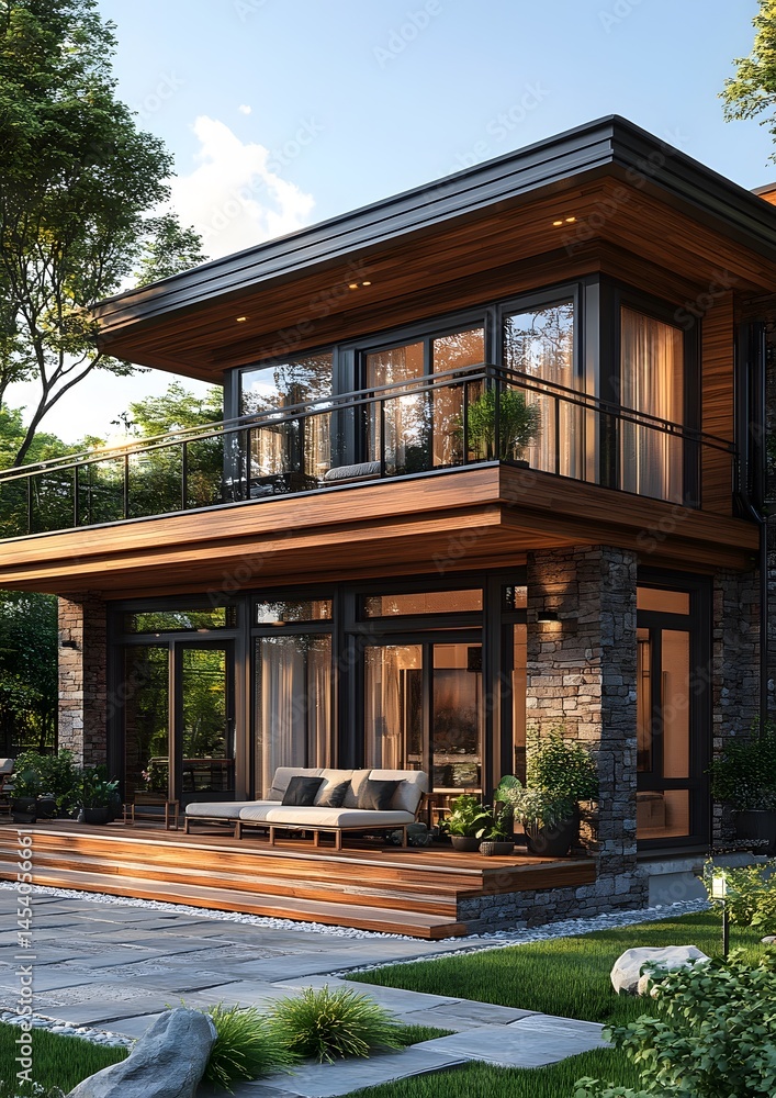 Fototapeta premium cozy family house 3D visualization with balcony and wooden stairs