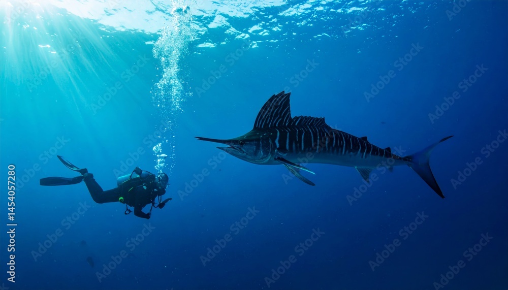 Naklejka premium Underwater Diver Encounters Sailfish in Blue Ocean