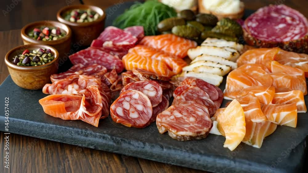 Explore a diverse selection of meats beautifully arranged on a platter and table for a delicious culinary experience. Explore a diverse selection of meats beautifully arranged on a platter and table for a delicious culinary experience.