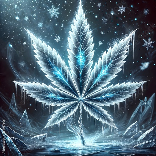 Glowing blue cannabis leaf on starry night background