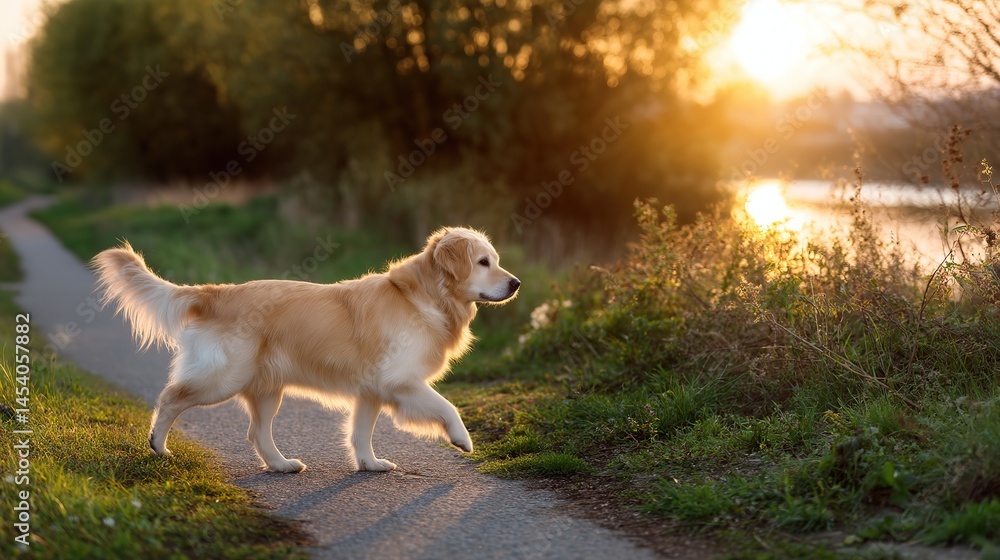 Golden retriever strolling on a path, bathed in warm evening light, embodying peaceful companionship with nature.
Golden retriever strolling on a path, bathed in warm evening light, embodying peaceful companionship with nature.