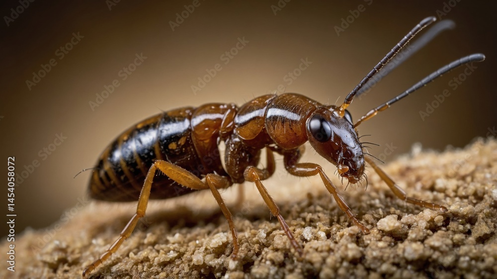 Naklejka premium Winged Ant Queen Close-Up on Sandy Surface with Brown Body and Antennae Resting in Natural Habitat Environment