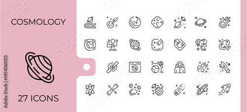 Cosmology icon set. Astronomy icon set. Contain linear sign astronomy, constellation, solar system, space, eclipse, universe and more. Editable vector art and illustration.