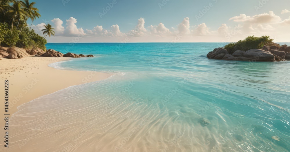 Golden sand, turquoise water, lush island backdrop, palm trees, summer Golden sand, turquoise water, lush island backdrop, palm trees, summer
