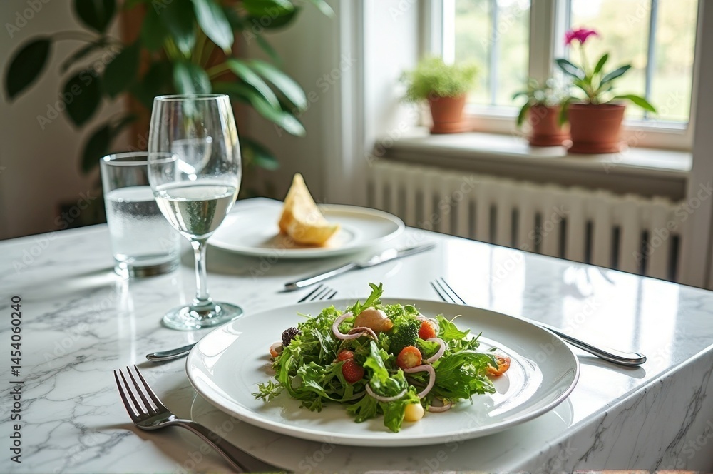 Fresh salad on marble table with glass of water and indoor plants in bright room Fresh salad on marble table with glass of water and indoor plants in bright room