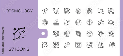 Cosmology icon set. Astronomy icon set. Contain linear sign astronomy, constellation, solar system, space, eclipse, universe and more. Editable vector art and illustration.