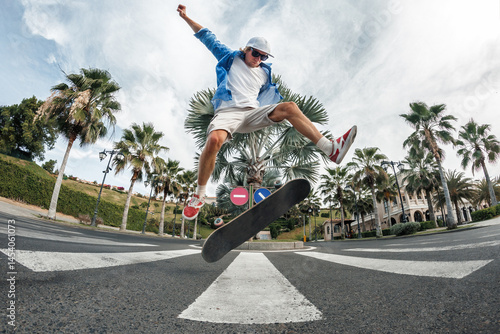 oung skateboarder performing a trick in an urban environment with palm trees and a sunny sky.
