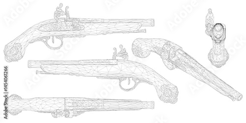 Vintage guns are shown in a black and white illustration. The guns are old and appear to be from the colonial era. The illustration has a vintage feel to it. 3D