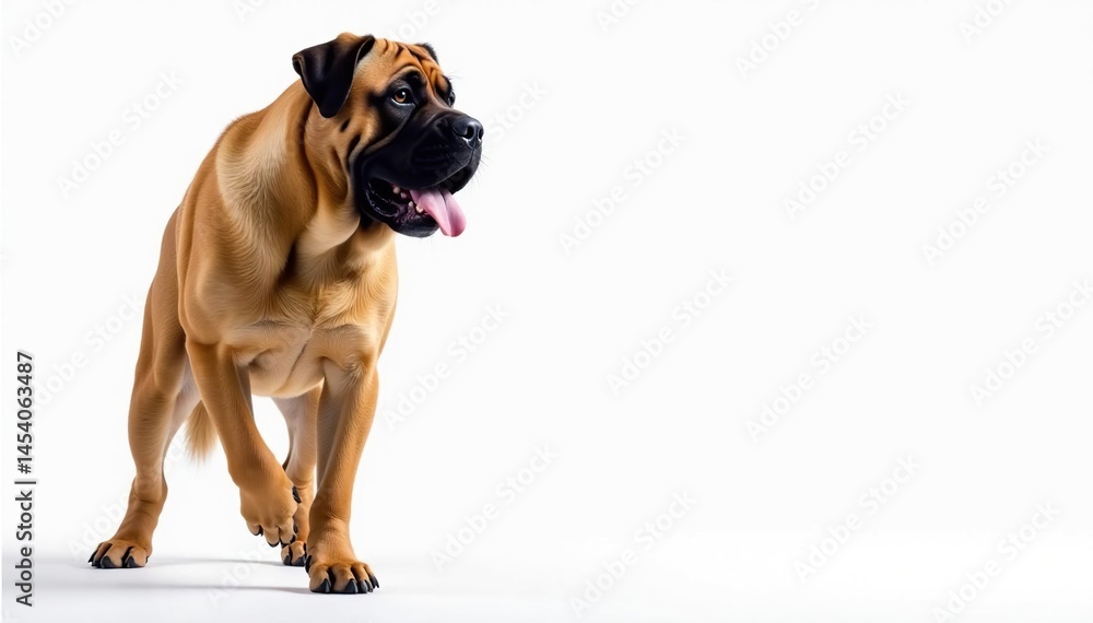 Fototapeta premium Majestic mastiff, powerful stance, white background, brown, noble, face