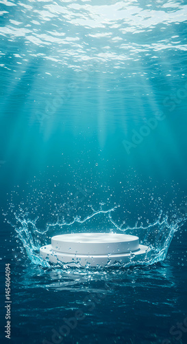 A white cylindrical platform rests on a clear, rippling surface of water, set against a deep blue underwater landscape.