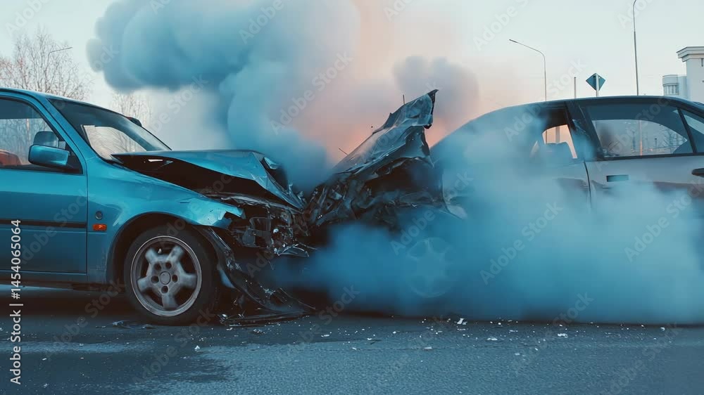 Smoke billows from two wrecked cars after a severe collision on a city ...
