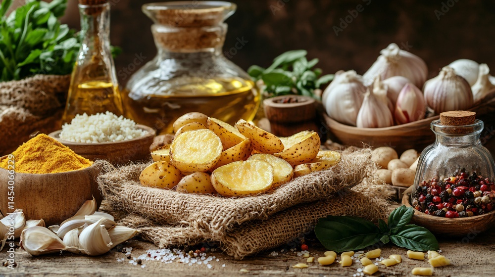 Traditional Canarian setup with papas arrugadas and local fresh ingredients on burlap sack Traditional Canarian setup with papas arrugadas and local fresh ingredients on burlap sack