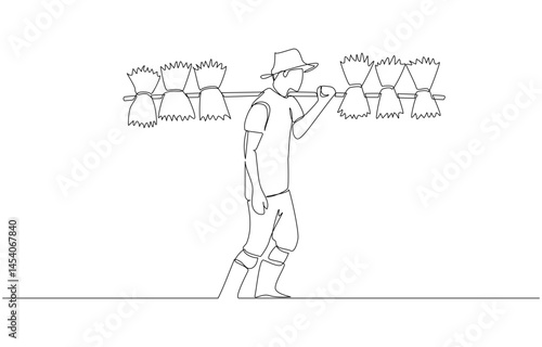 Continuous one line drawing of farmer carrying seedlings for rice plant, traditional agriculture concept, single line art