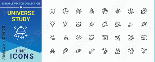 Universe Study icon set. Pictograms of universe, space, eclipse, galaxy, cosmos, constellation, planet and more. Cosmology linear icon set. Modern icons collection. Pictogram and infographic.
