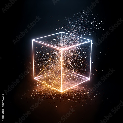 Glowing Neon Cube Disintegrating into Sparkling Particles Abstract Background
