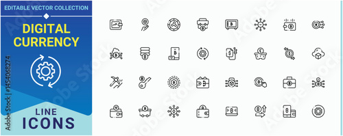 Digital Currency icon set. Featuring dollar, finance, banking, money, currency, payment and more. Crypto Currency icon set. Thin icons set. Pictogram and infographic.