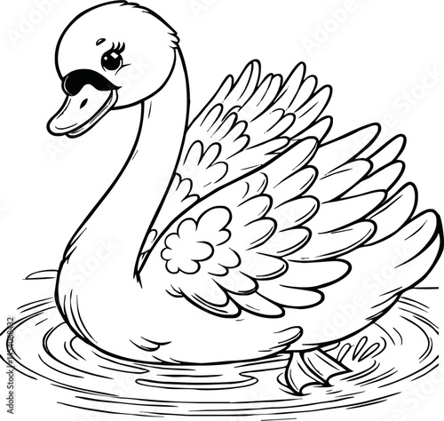  swan line art cartoon illustration floating calmly on water. Ideal for coloring pages, educational materials, and nature-themed designs.