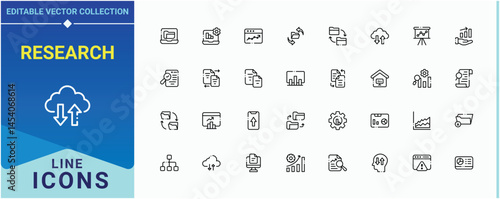 Research linear icon set. Contains related to database, data, management, analytics, analysis and more. Data Analytics vector line icon set. Thin web icons. Editable stroke. Pixel Perfect.