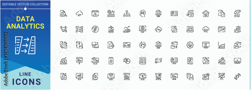 Data Analytics linear icon collection. Minimalist editable vector stroke. Included information, computing, database, analysis. Vector illustration in modern line style. Computing icon set.