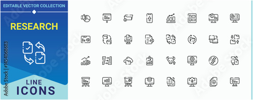 Research icon set. Pack of analytics, management, database, information, analysis and more. Data Analytics line icon set. Set of line pictogram. Editable stroke.