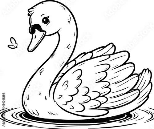  swan line art cartoon illustration floating calmly on water. Ideal for coloring pages, educational materials, and nature-themed designs.