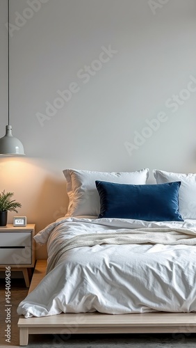 Cozy minimalist bedroom with white bedding and blue accent pillow