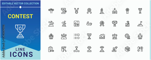 Contest icon set. Pack of sports, champ, rival, sport, trophy and more. Competition line icon set. Modern vector illustration. Vector collections.