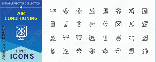Air Conditioning icon set in linear style. It contains symbols to air, vent, wind, temperature, ventilation and more. Cooling vector line icon set. Modern vector UI icons. Editable vector.