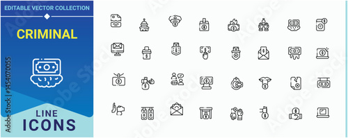 Criminal icon set. Includes symbols for bribery, corrupt, crime, fraud, illegal, bribe and more. Corruption vector icon set. Minimalist linear icons. Editable vector.