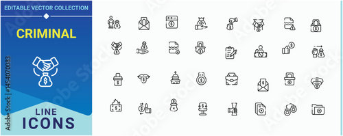 Criminal icon set. Pictograms of crime, bribery, fraud, illegal, bribe and more. Corruption related icon set. Pixel perfect. Editable stroke.