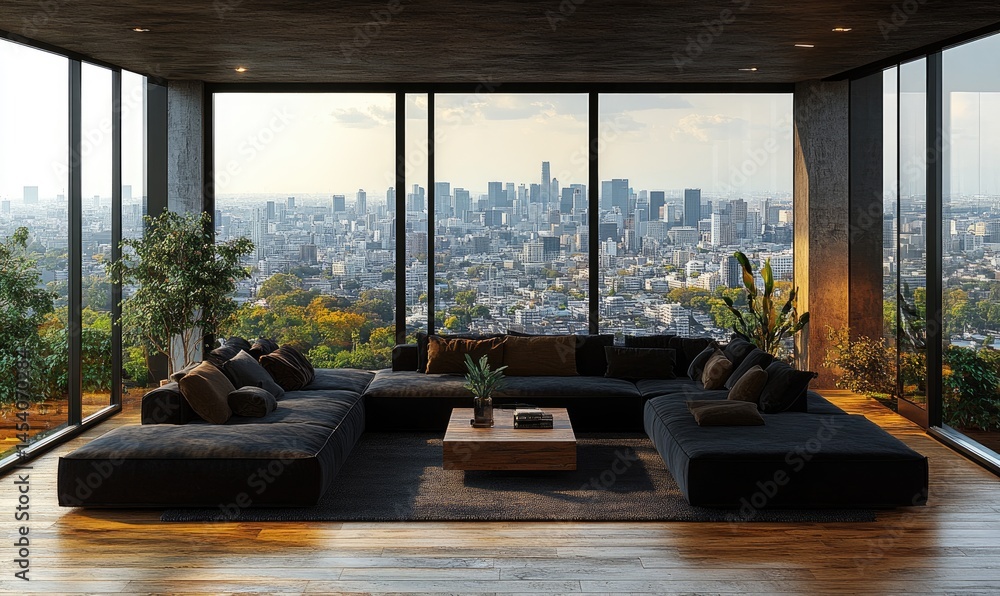 Fototapeta premium Modern living room with panoramic city views.