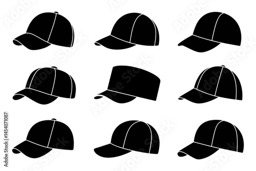 Collection of black silhouette baseball caps vector