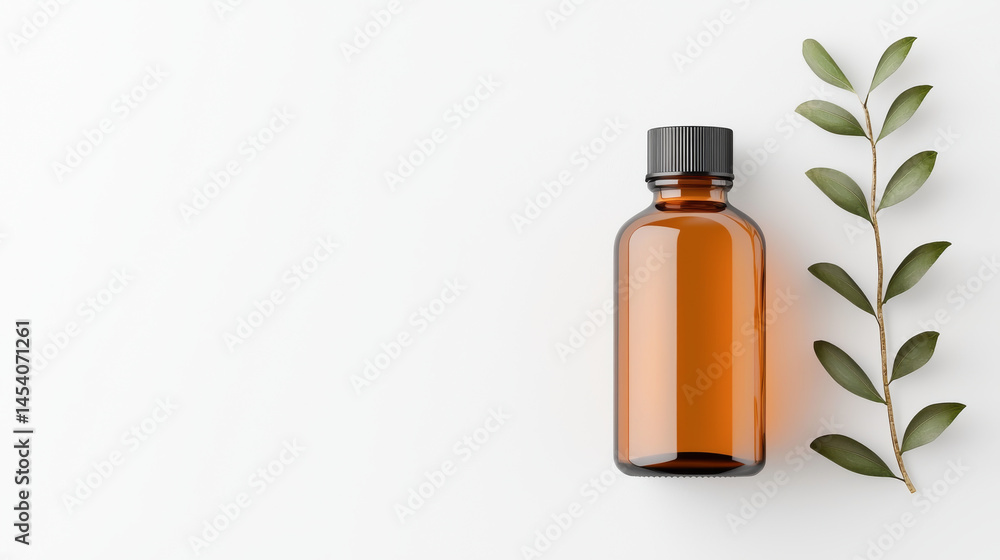 A brown glass bottle with a black cap alongside an olive branch on a white background. A brown glass bottle with a black cap alongside an olive branch on a white background.