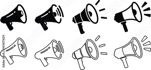 Megaphone Icon Set - Black and White Loudspeaker Vector Illustration for Communication, Announcement, and Promotion Graphics