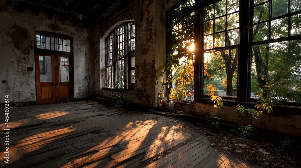 Fototapeta premium Sunbeams in Abandoned Classroom