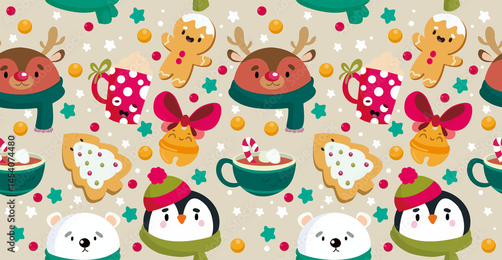 Fototapeta premium Christmas Pattern with Cute Animals, Gingerbread Cookies, and Hot Chocolate Mugs. Simple Vector Illustration in Cute Cartoon Design. Colorful.