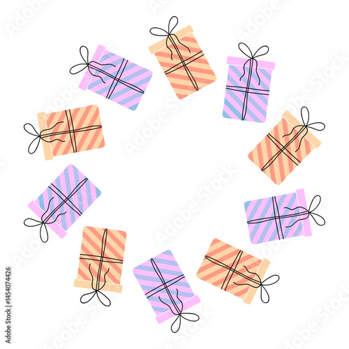 Colorful gift boxes arranged in a circular pattern for a festive celebration