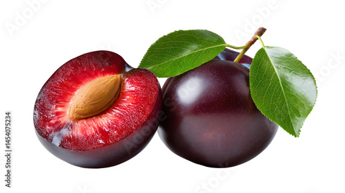 Plum with Half Cut and Leaves - Transparent Background